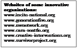 Text Box: Websites of some innovative organizations:
www.incite-national.org
www.generationfive.org
www.nwnetwork.org
www.cara-seattle.org
www.creative-interventions.org
www.survivorproject.org

